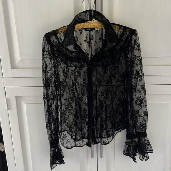 Express Vintage Black Lace Button Up Blouse - Picture 6 of 7